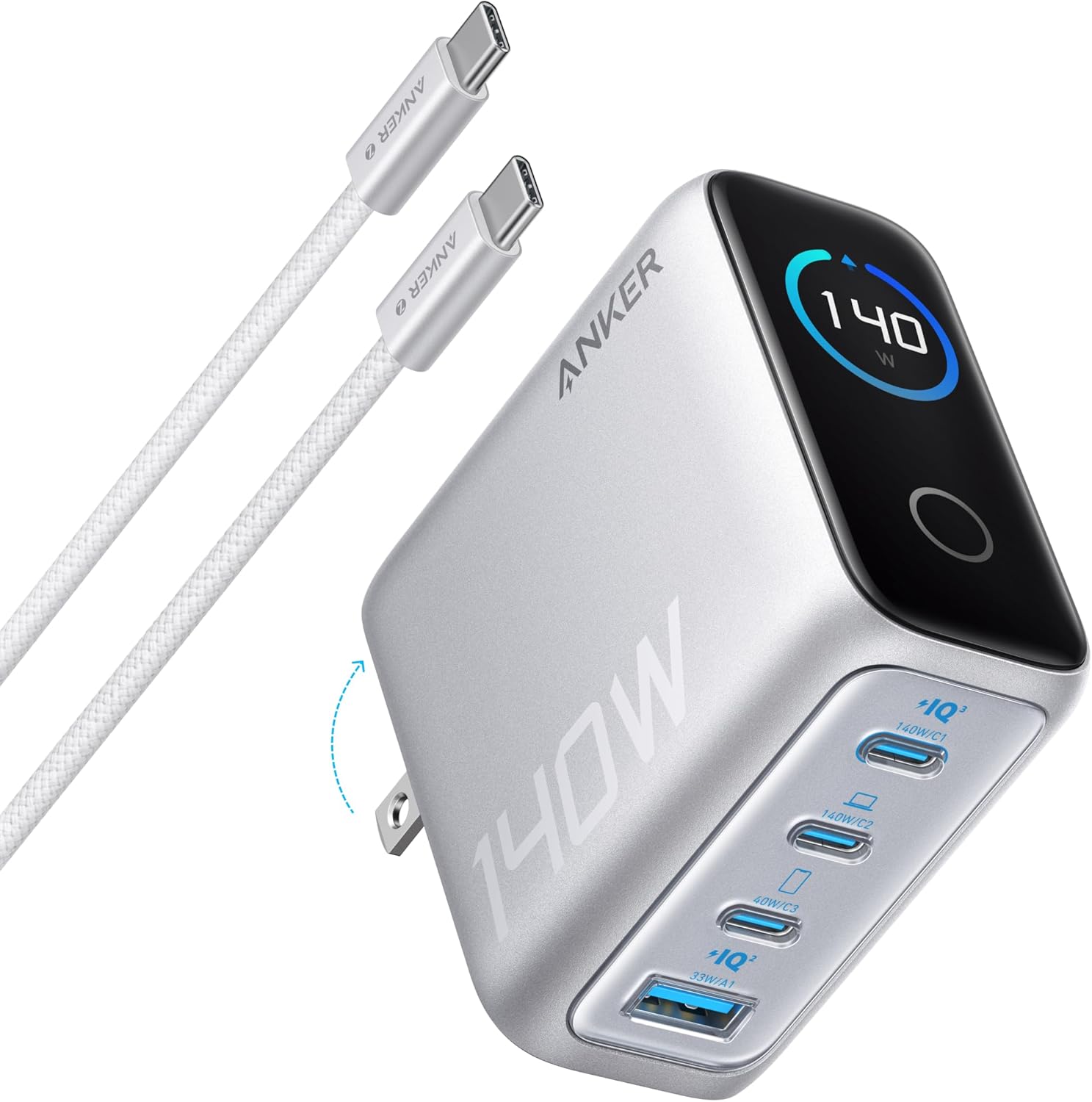 Anker 140W USB-C GaN Charger with 4-Port Fast Charging, Smart Display for Laptops and Phones